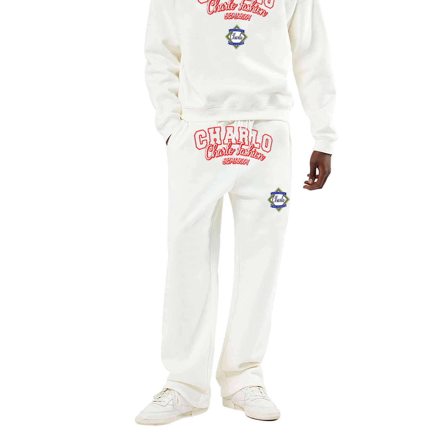 Fashion White Graphic Tracksuit Set | Pullover Sweatshirt & Sweatpants | Streetwear Collection