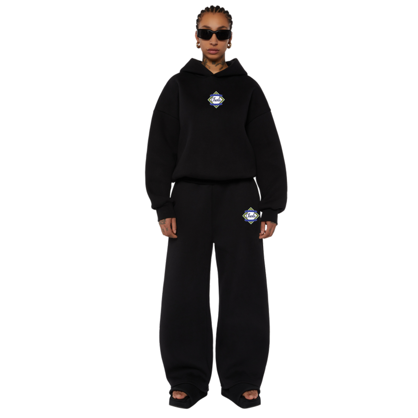 Premium Black Streetwear Tracksuit – Relaxed Fit Hoodie & Wide-Leg Sweatpants, Customizable