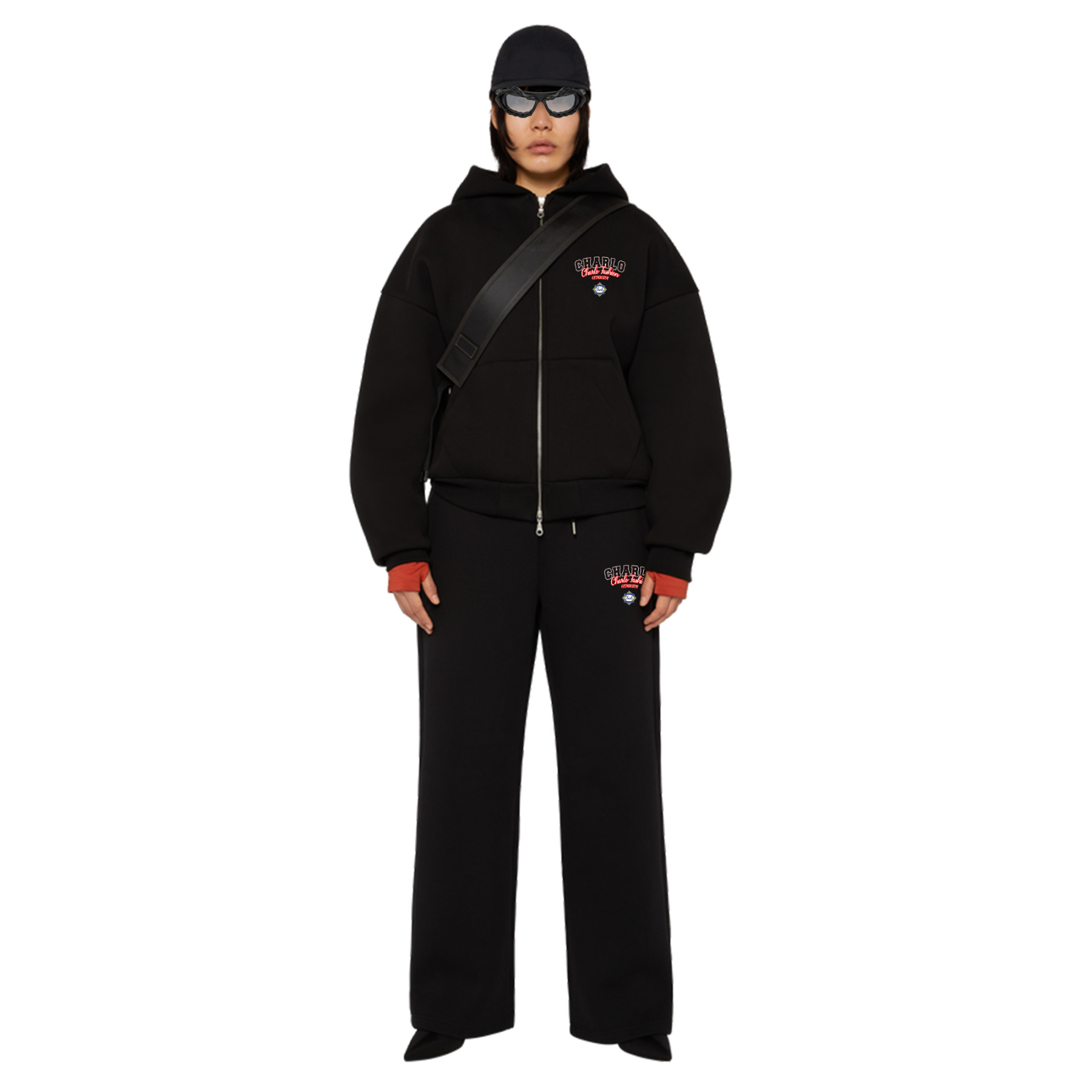 Premium Black Streetwear Tracksuit – Relaxed Fit Zip Hoodie & Wide-Leg Sweatpants, Customizable