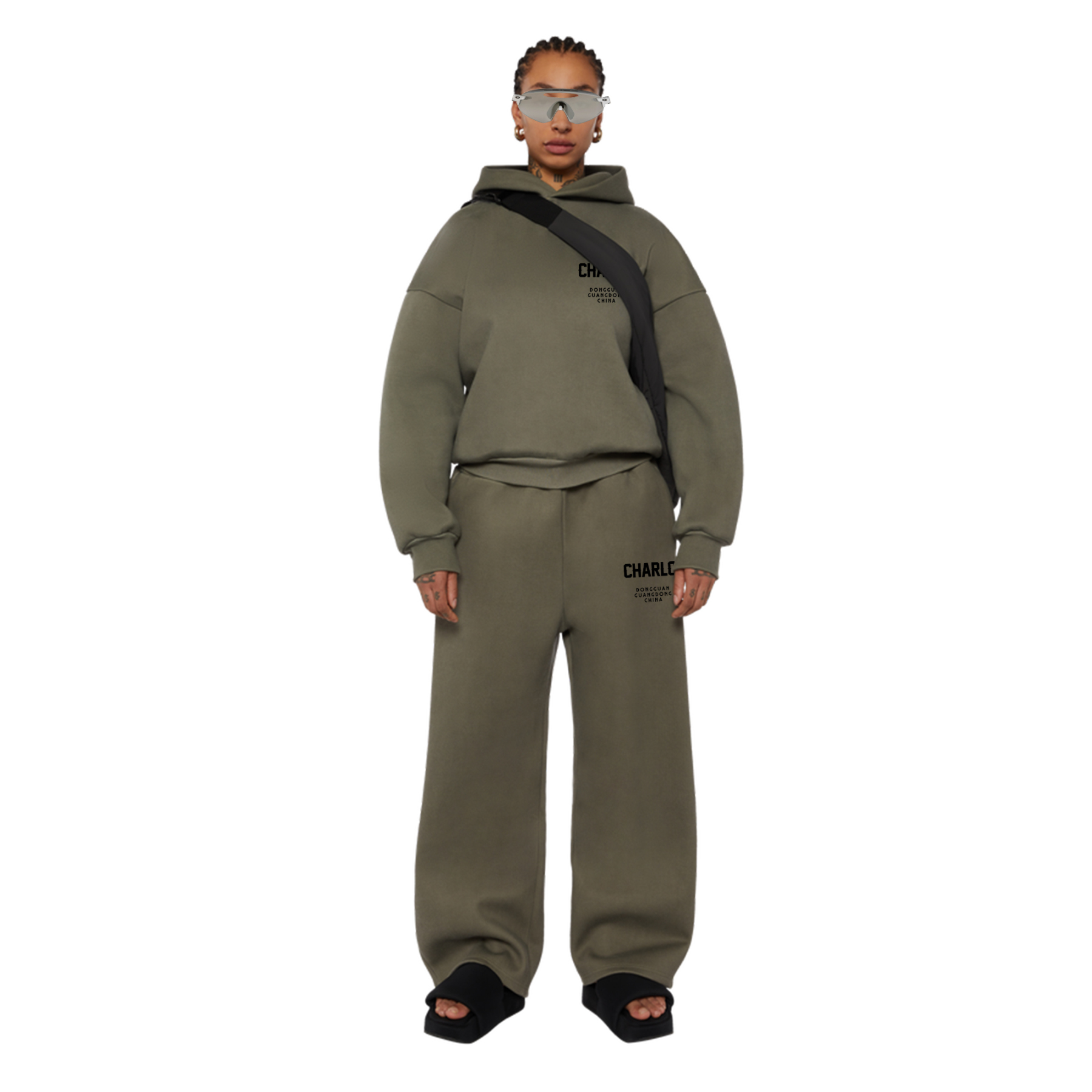 Olive Green Streetwear Tracksuit – Relaxed Fit Hoodie & Wide-Leg Sweatpants, Customizable