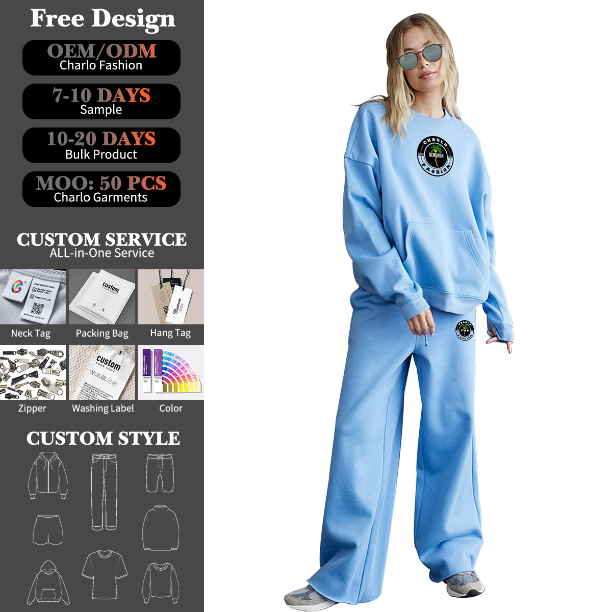 Relaxed Blue Streetwear Tracksuit – Oversized Hoodie & Wide-Leg Sweatpants, Fully Customizable
