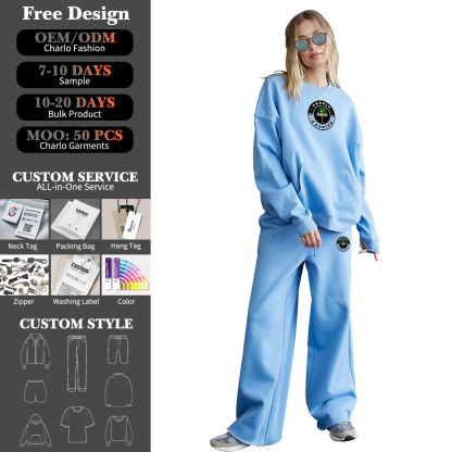 Relaxed Blue Streetwear Tracksuit – Oversized Hoodie & Wide-Leg Sweatpants, Fully Customizable
