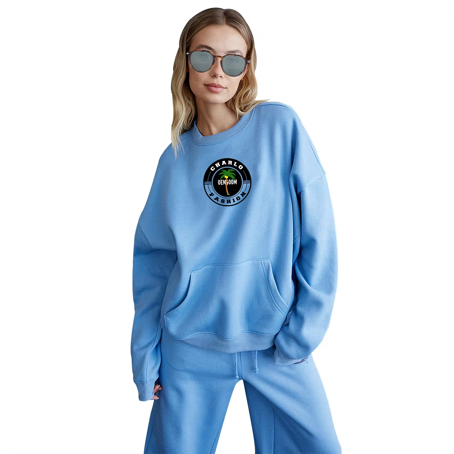 Relaxed Blue Streetwear Tracksuit – Oversized Hoodie & Wide-Leg Sweatpants, Fully Customizable