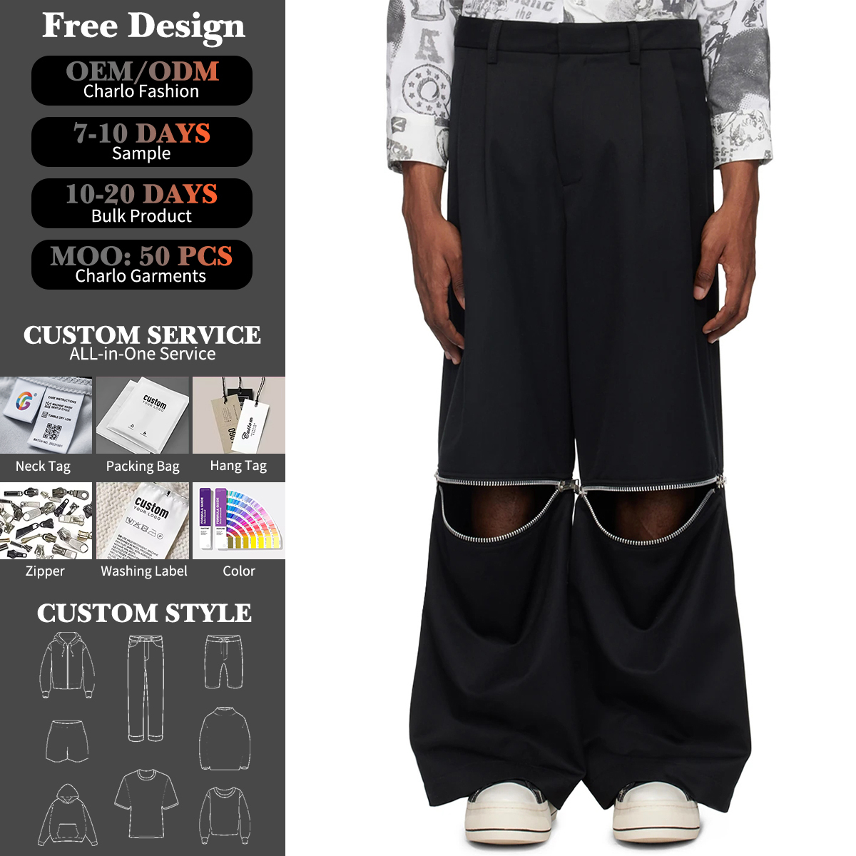 Avant-Garde Wide Leg Pants with Zipper Cut | Customizable Streetwear