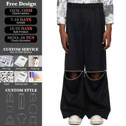 Avant-Garde Wide Leg Pants with Zipper Cut | Customizable Streetwear
