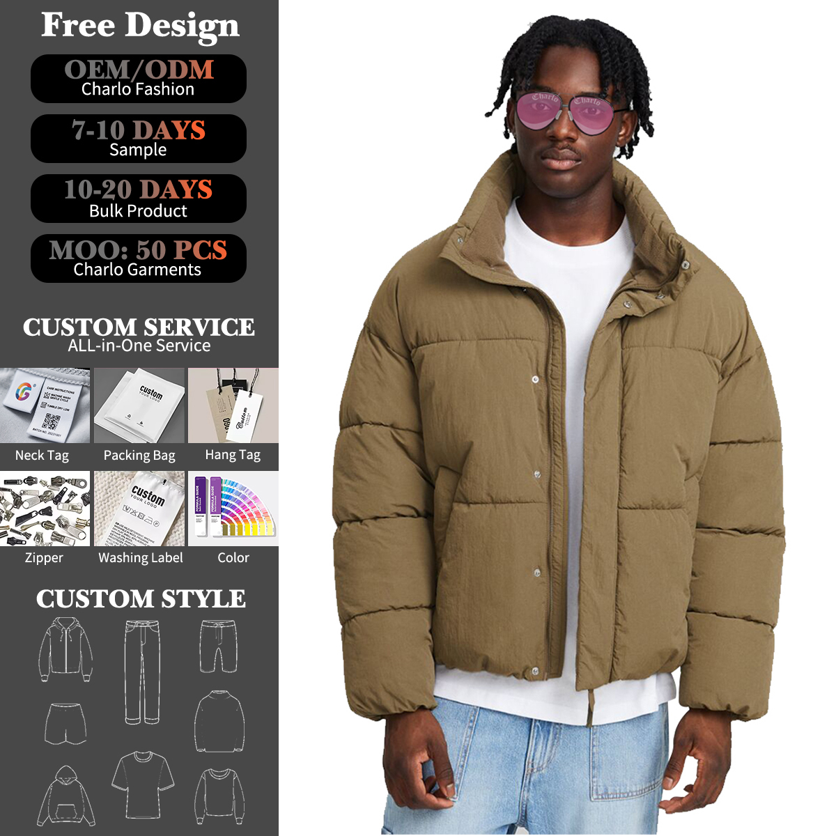 Customizable Khaki Puffer Jacket – Streetwear Outerwear