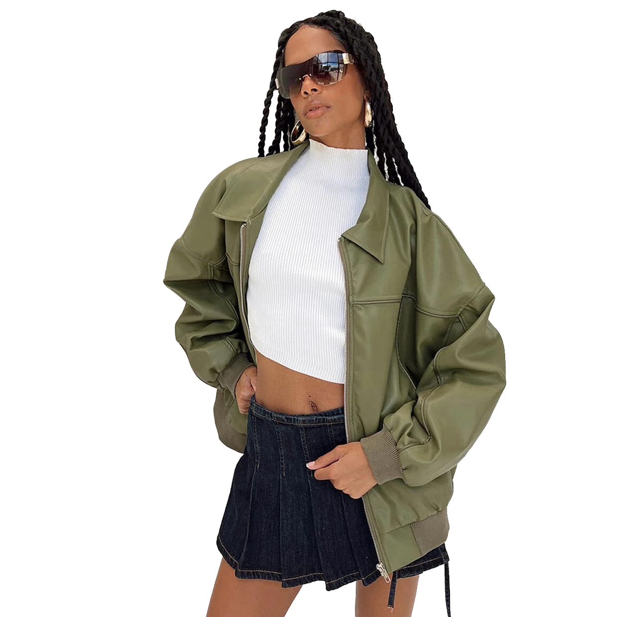 Charlo Fashion Olive Green Oversized Faux Leather Jacket – Trendy Street Style