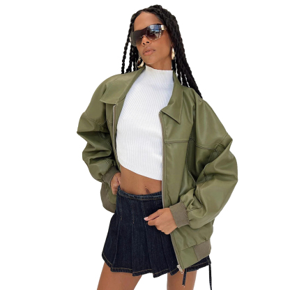Charlo Fashion Olive Green Oversized Faux Leather Jacket – Trendy Street Style
