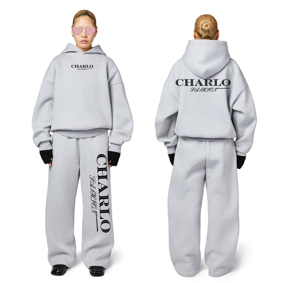 Classic Gray Oversized Tracksuit – Relaxed Hoodie & Wide-Leg Sweatpants, Customizable