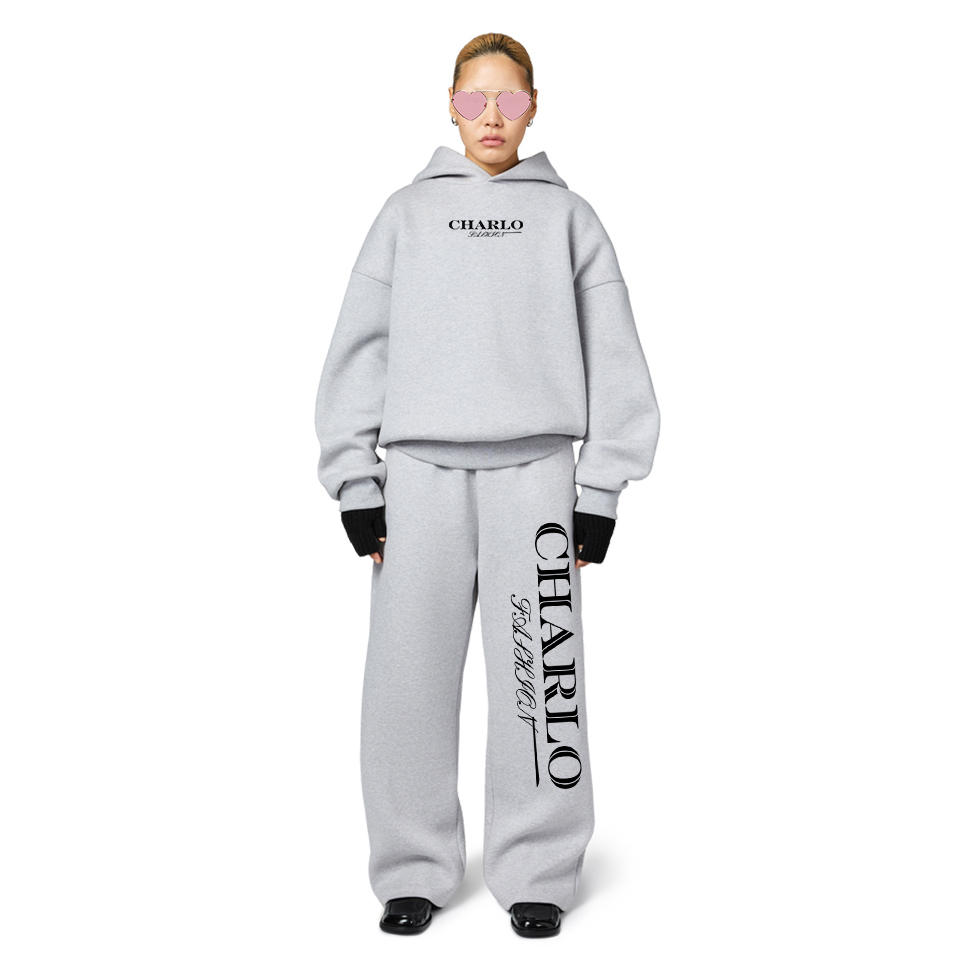 Classic Gray Oversized Tracksuit – Relaxed Hoodie & Wide-Leg Sweatpants, Customizable
