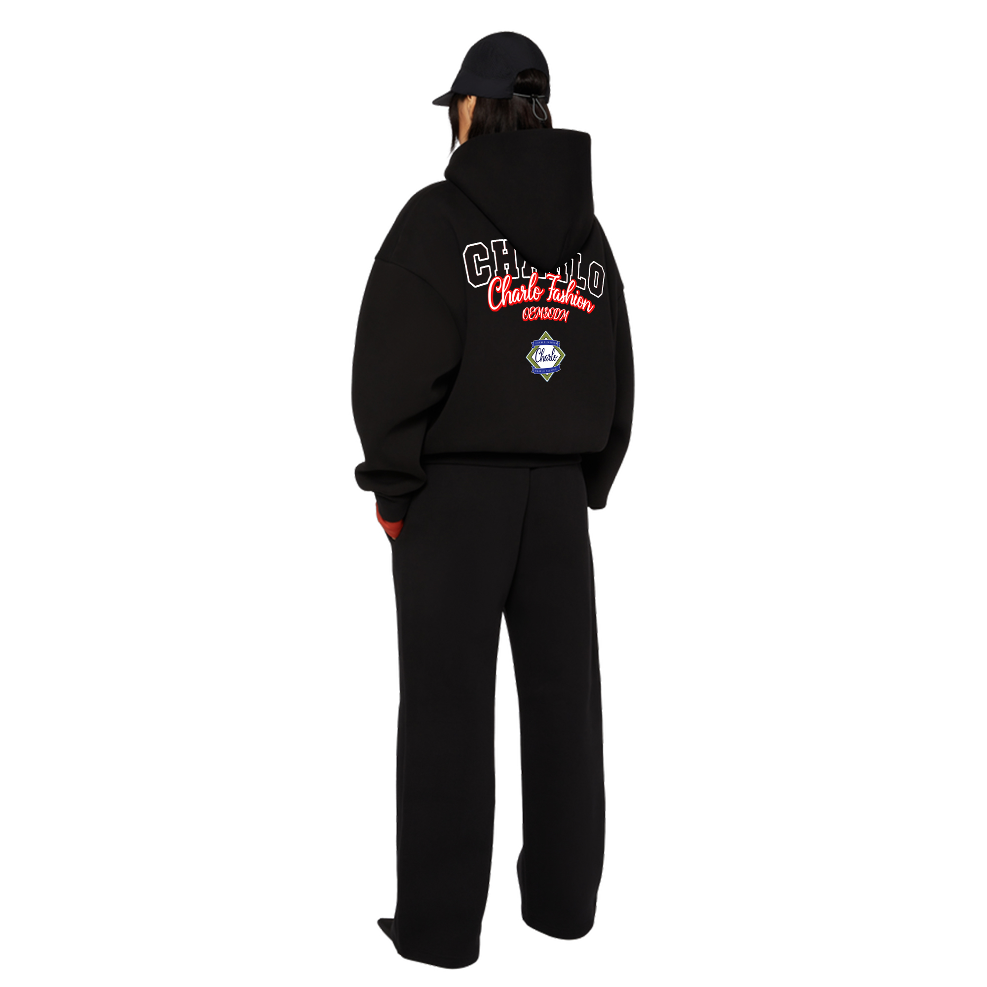 Premium Black Streetwear Tracksuit – Relaxed Fit Zip Hoodie & Wide-Leg Sweatpants, Customizable