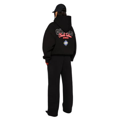 Premium Black Streetwear Tracksuit – Relaxed Fit Zip Hoodie & Wide-Leg Sweatpants, Customizable
