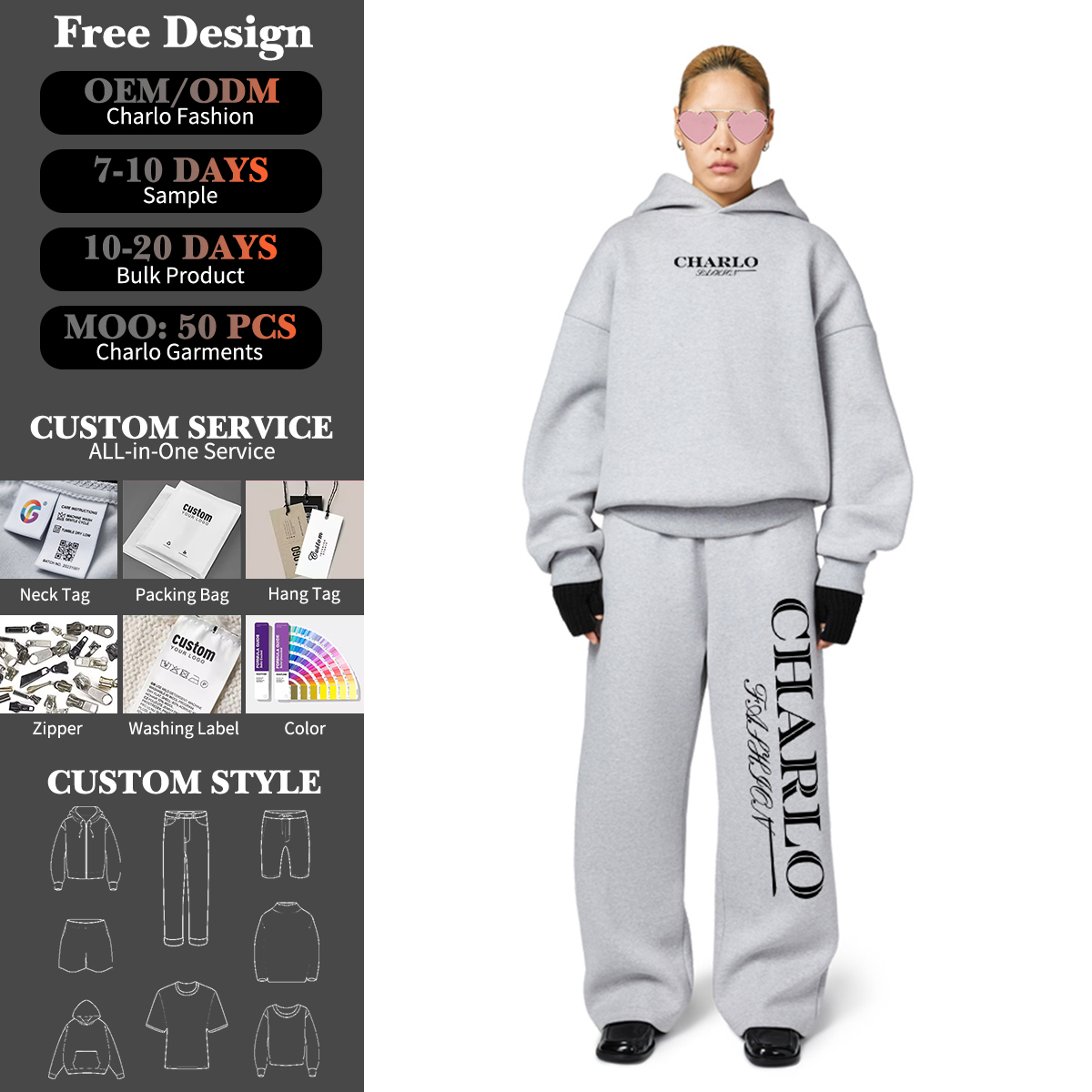 Classic Gray Oversized Tracksuit – Relaxed Hoodie & Wide-Leg Sweatpants, Customizable
