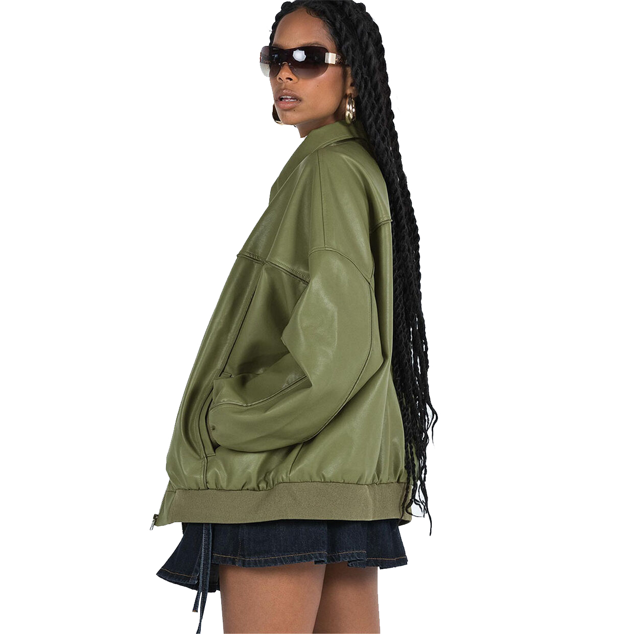 Charlo Fashion Olive Green Oversized Faux Leather Jacket – Trendy Street Style