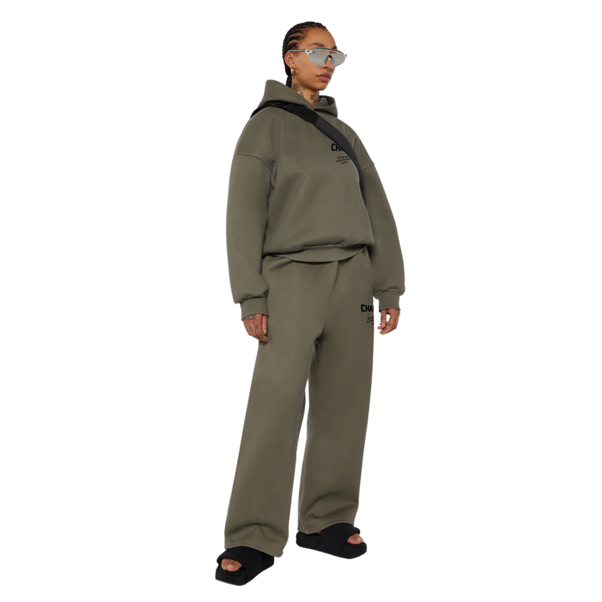 Olive Green Streetwear Tracksuit – Relaxed Fit Hoodie & Wide-Leg Sweatpants, Customizable