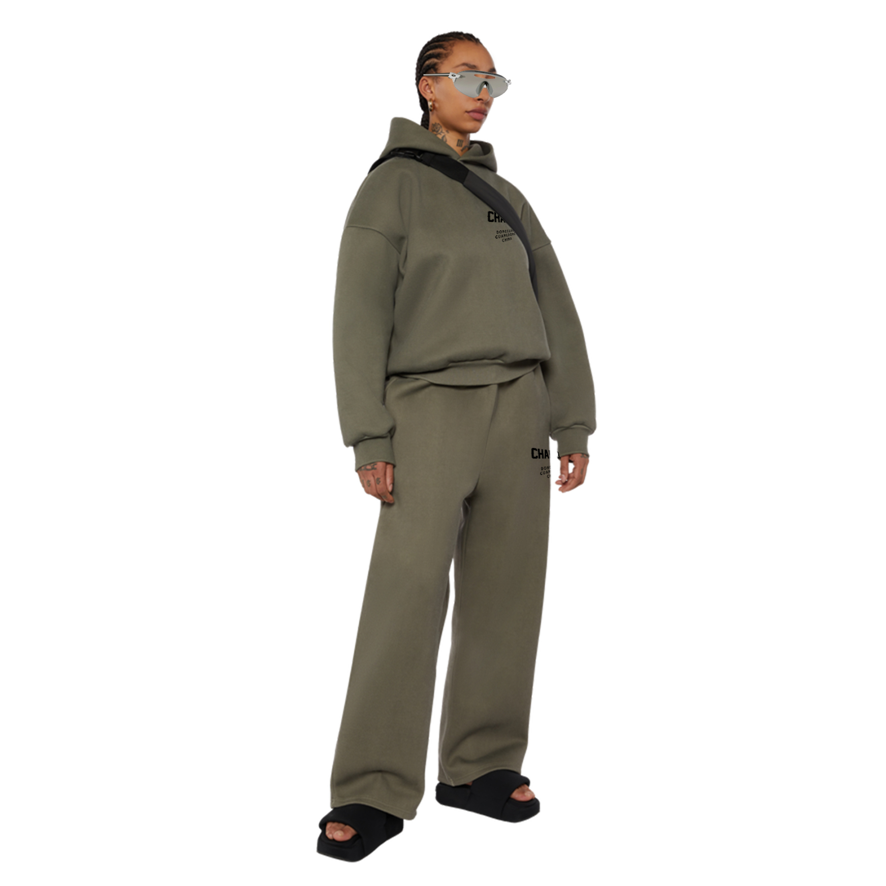 Olive Green Streetwear Tracksuit – Relaxed Fit Hoodie & Wide-Leg Sweatpants, Customizable