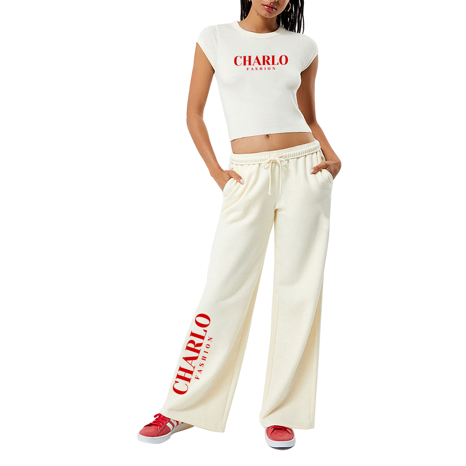 Custom Logo Wide Leg Sweatpants | Cream Color | Personalizable