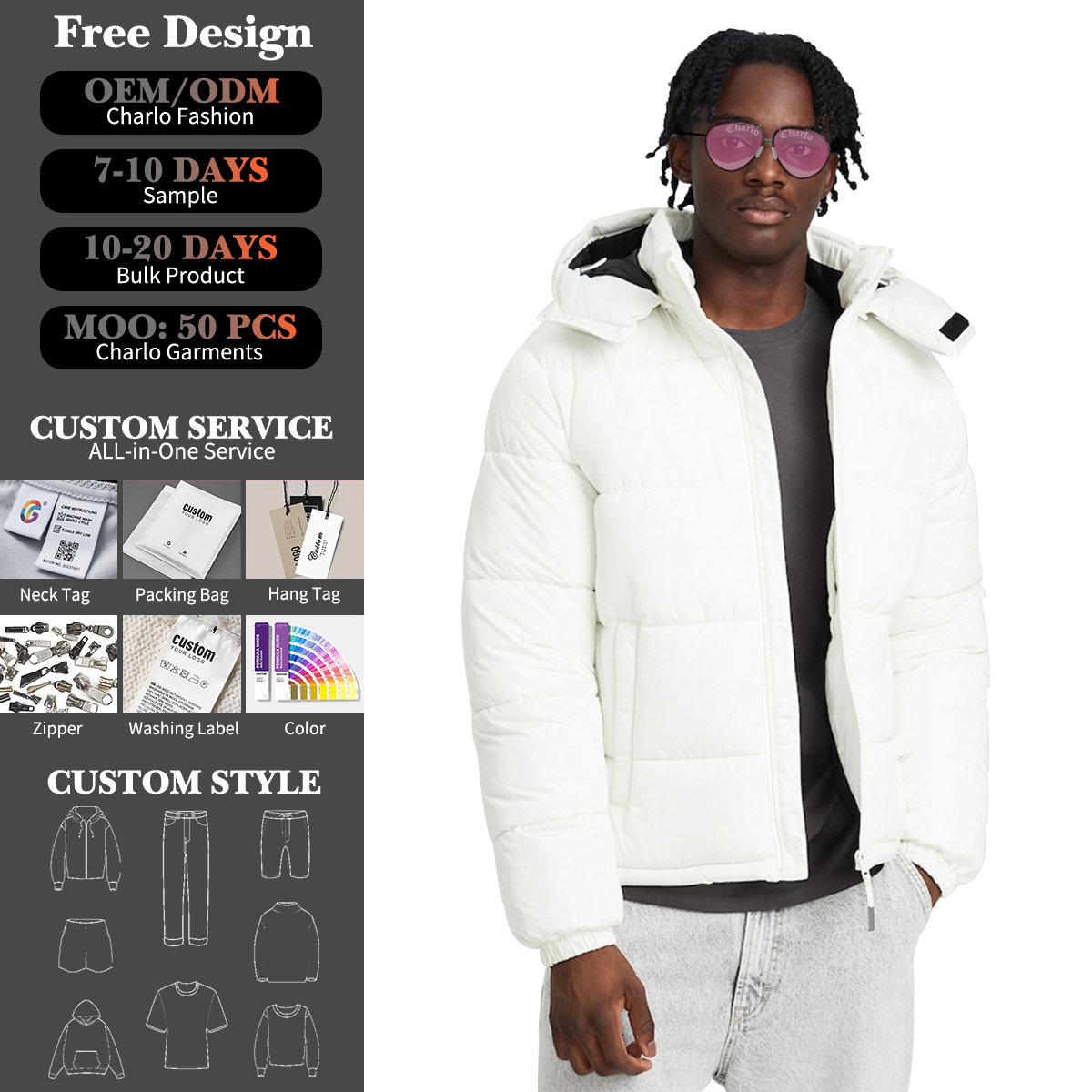 Charlo Fashion Premium Detachable Hood Puffer Jacket – Fully Customizable Outerwear