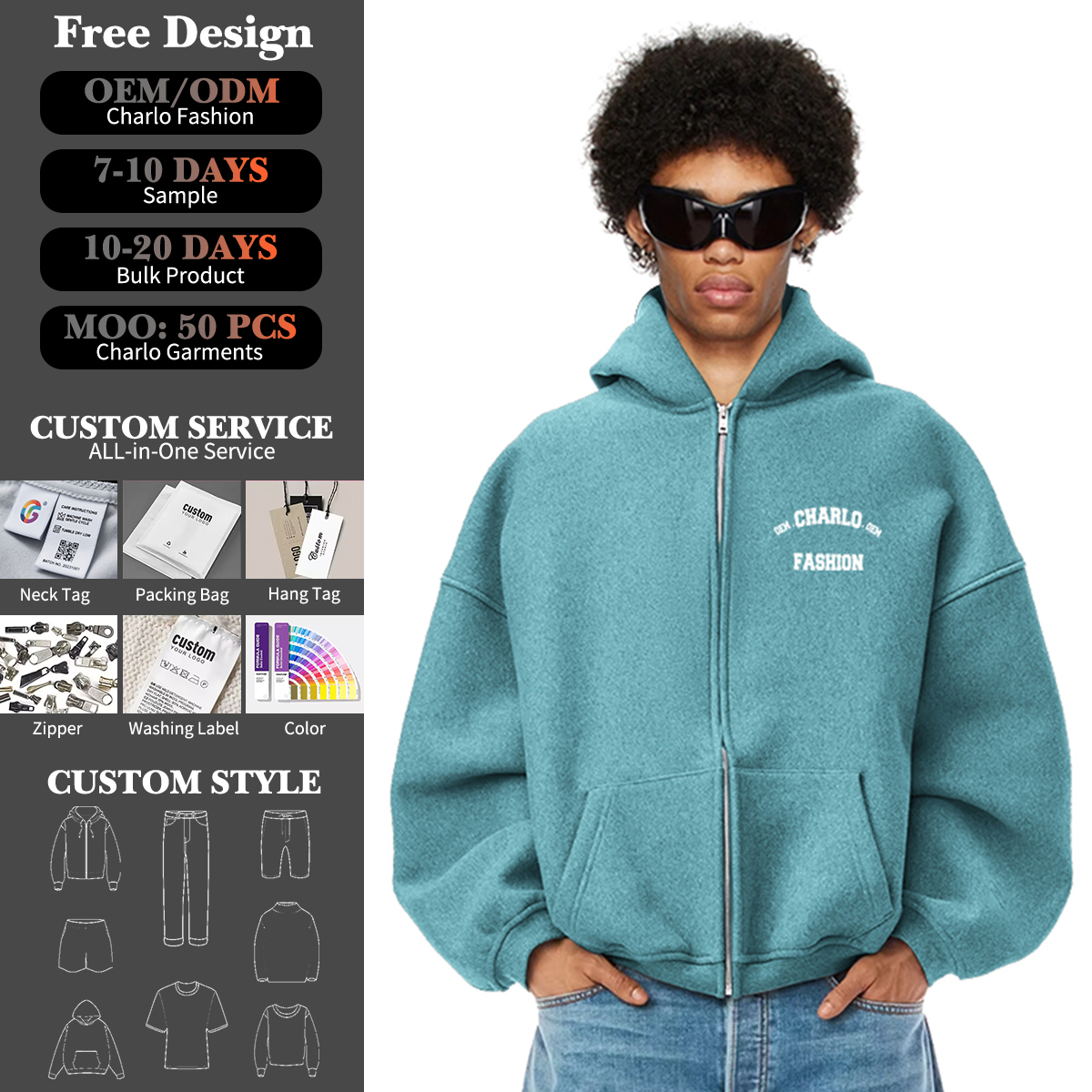 Custom Fleece Zip-Up Hoodie – Multiple Colors & Fabric Options