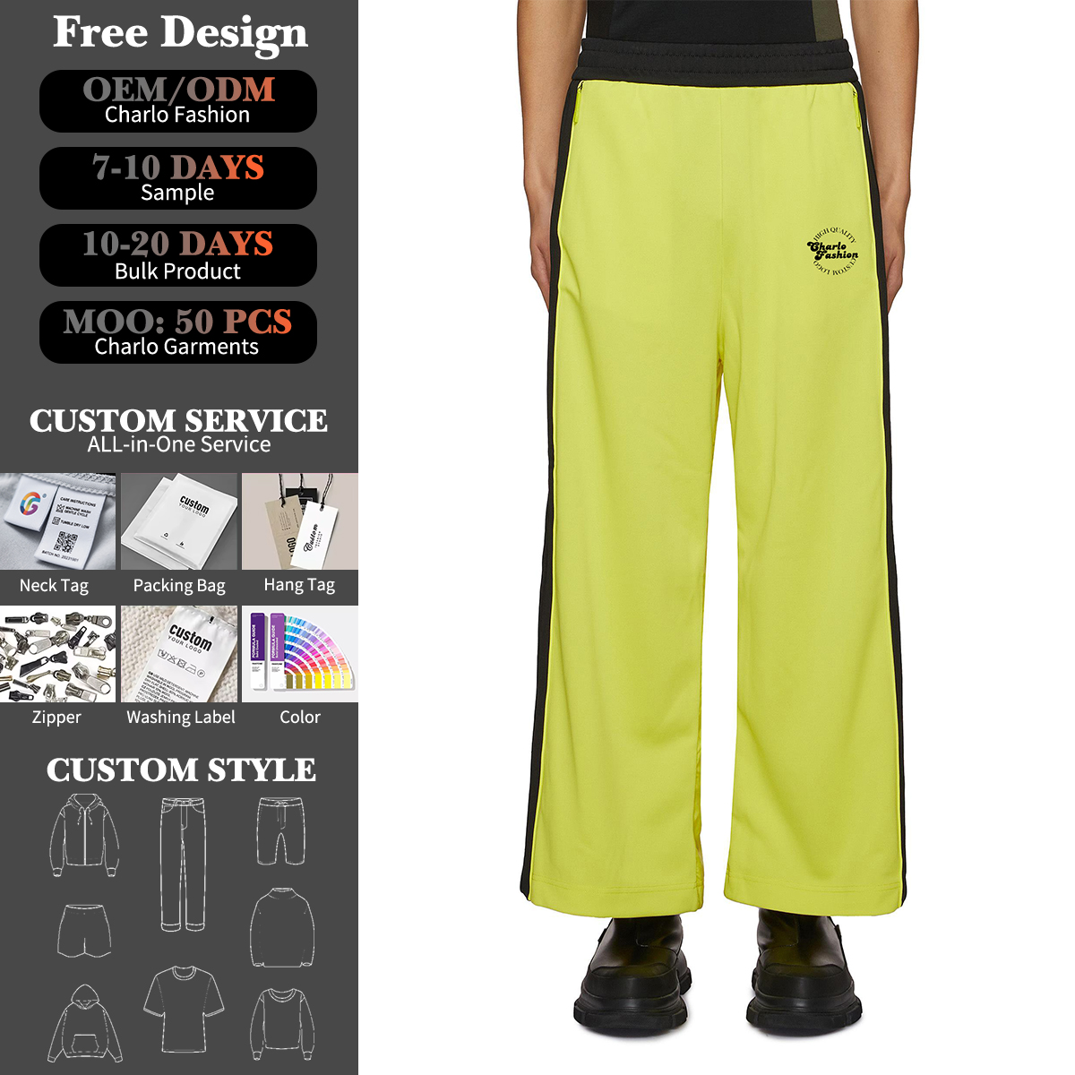 Fluorescent Wide-Leg Track Pants | Sporty Streetwear | Customizable Logo