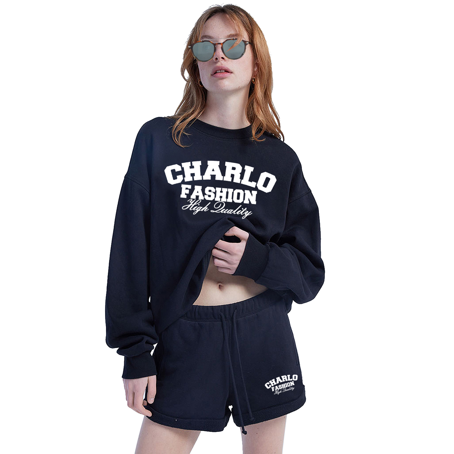 Navy Sweatshirt & Shorts Set | Casual Streetwear | Customizable Logo