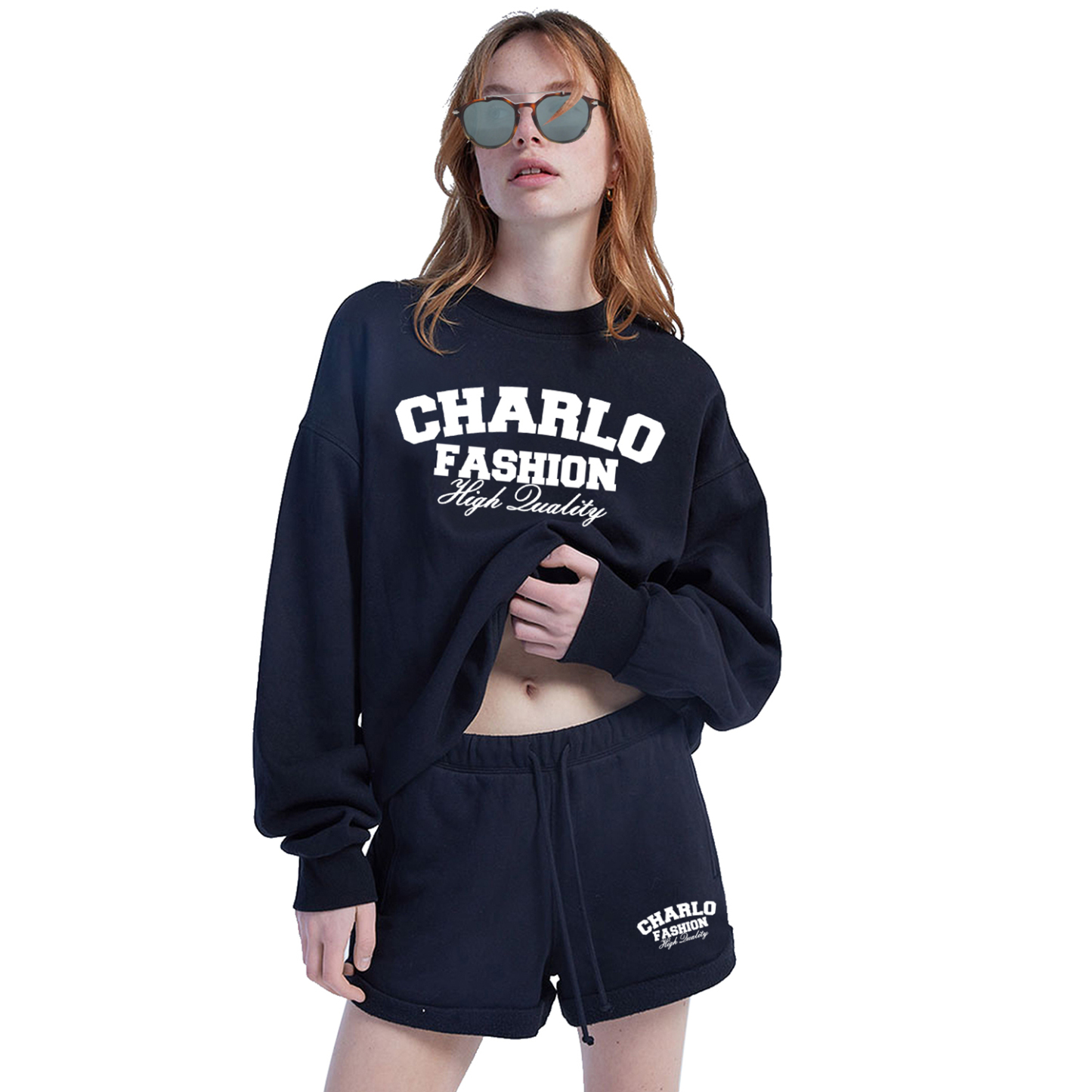 Navy Sweatshirt & Shorts Set | Casual Streetwear | Customizable Logo