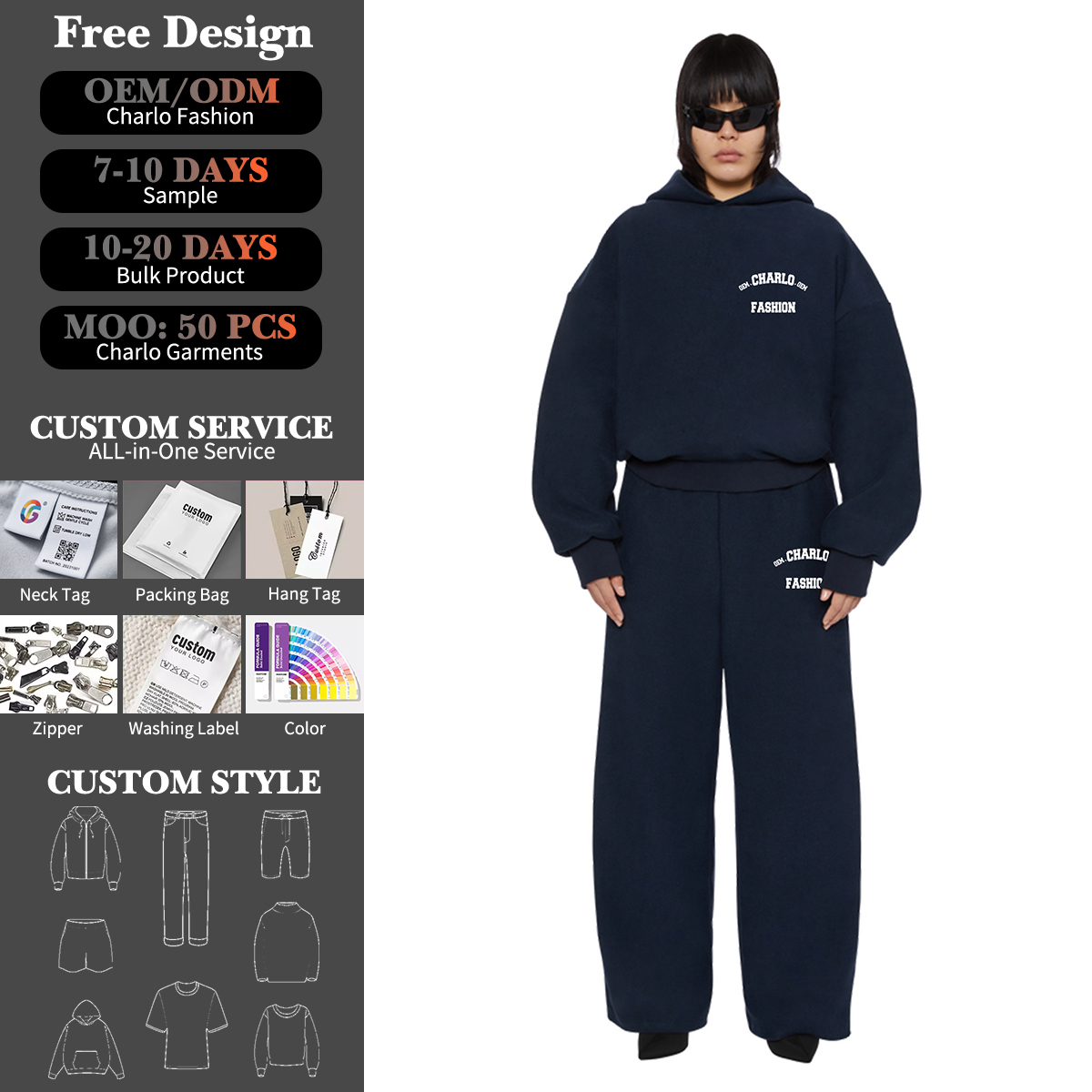 Navy Hoodie & Wide-Leg Pants Set | Streetwear | Customizable Logo