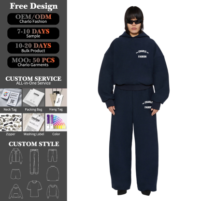 Navy Hoodie & Wide-Leg Pants Set | Streetwear | Customizable Logo
