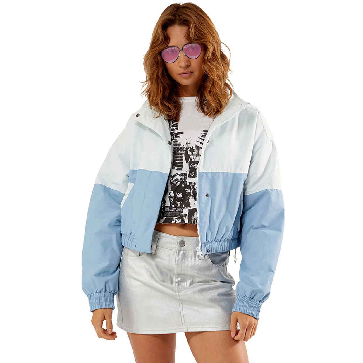 Charlo Fashion Colorblock Cropped Windbreaker – Trendy Lightweight Jacket