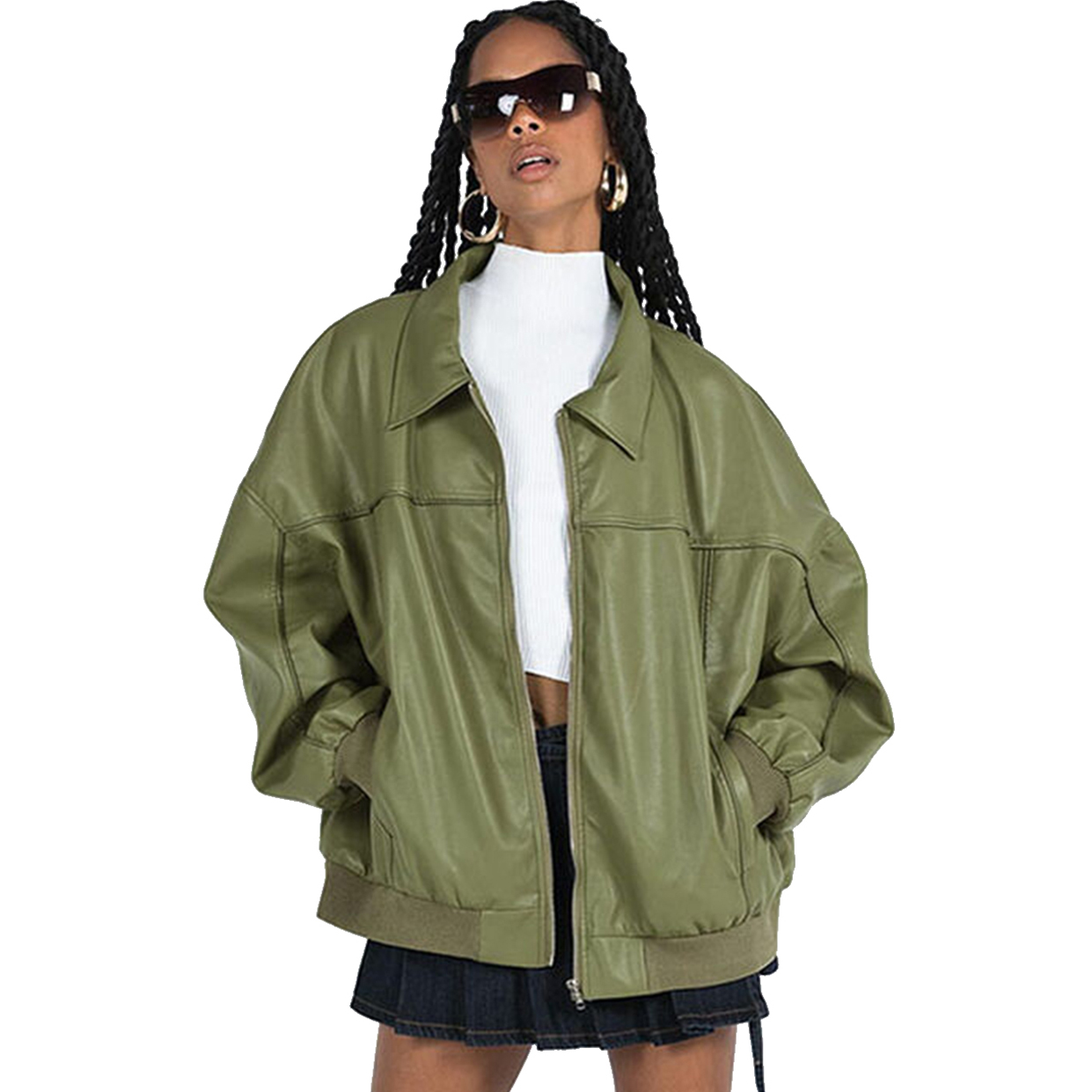 Charlo Fashion Olive Green Oversized Faux Leather Jacket – Trendy Street Style