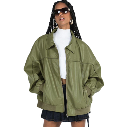 Charlo Fashion Olive Green Oversized Faux Leather Jacket – Trendy Street Style