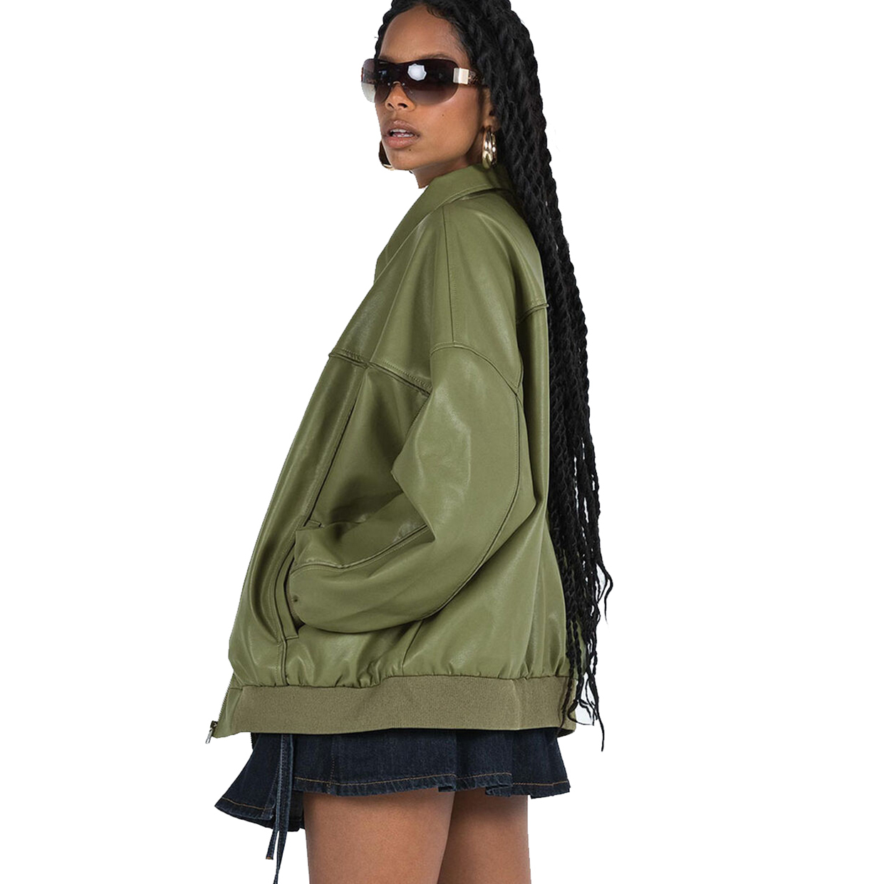 Charlo Fashion Olive Green Oversized Faux Leather Jacket – Trendy Street Style