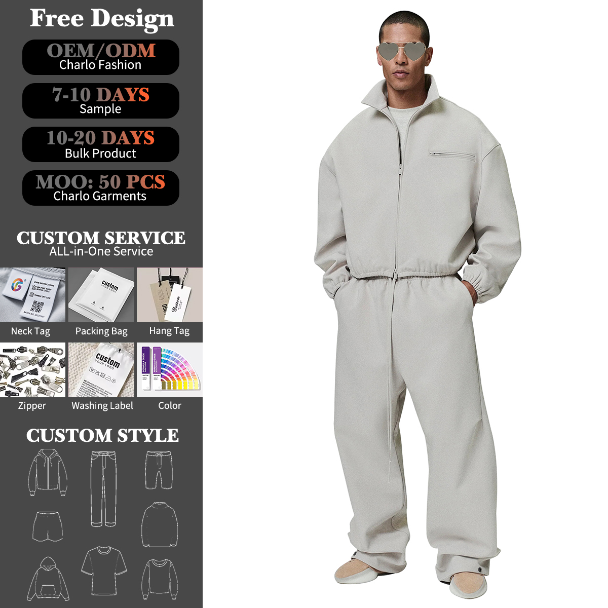 Light Grey Loose Fit Tracksuit | Zip Jacket & Wide-Leg Pants | Customizable