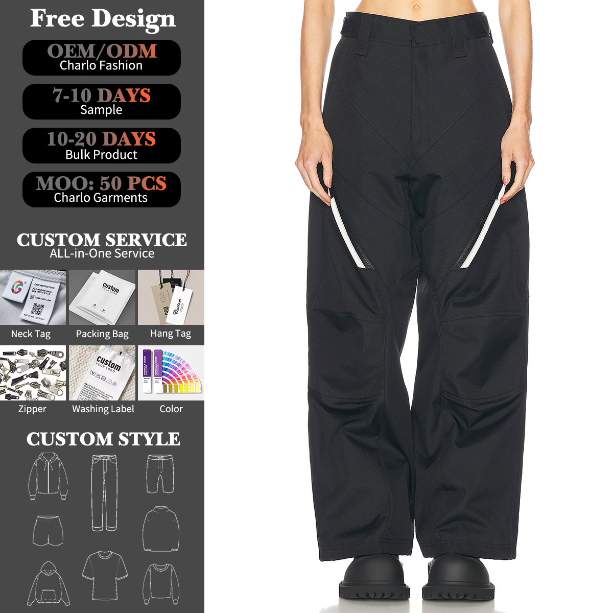 Black Wide-Leg Utility Pants | Zip Pockets | Customizable