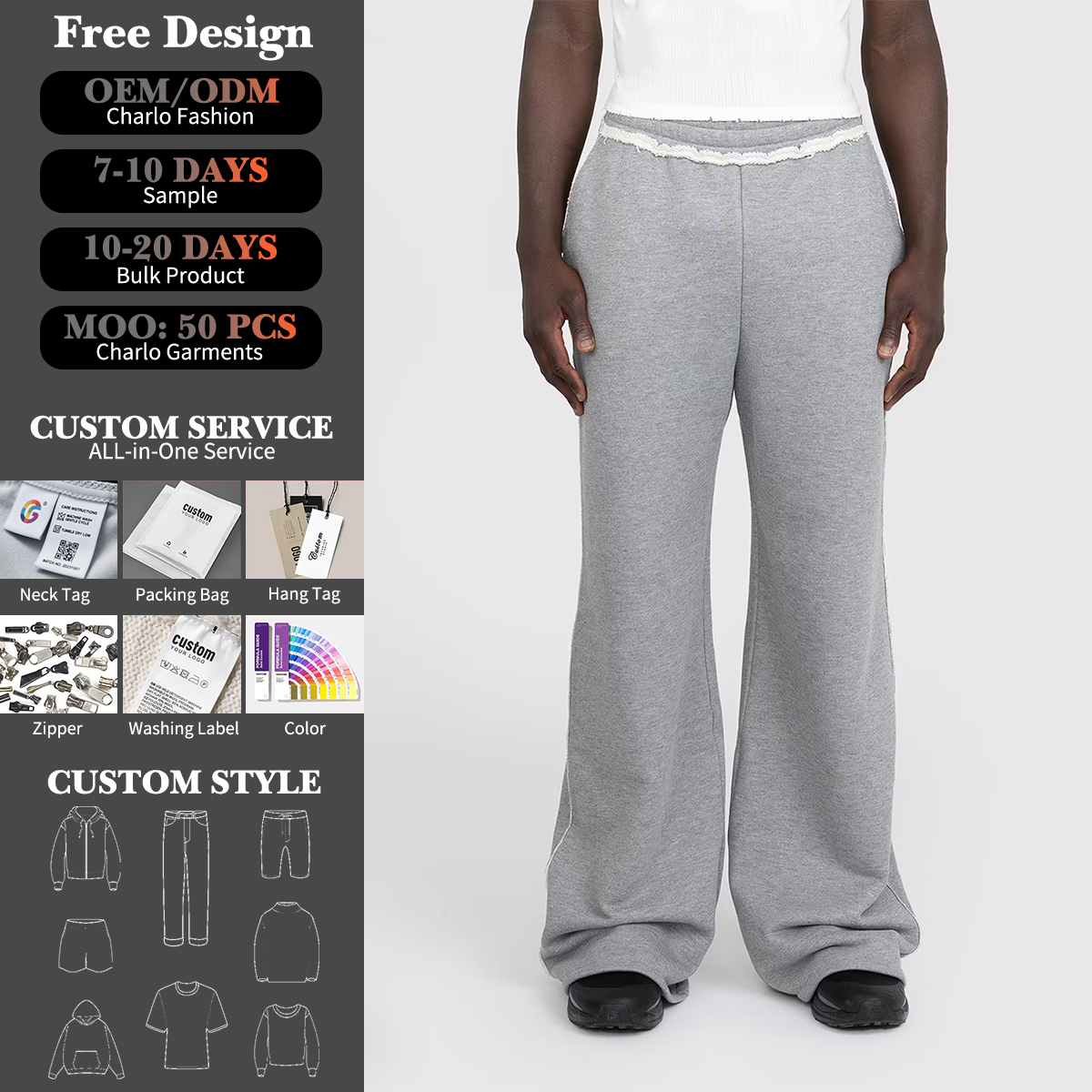 Light Grey Wide-Leg Sweatpants | Frayed Back Pocket | Customizable