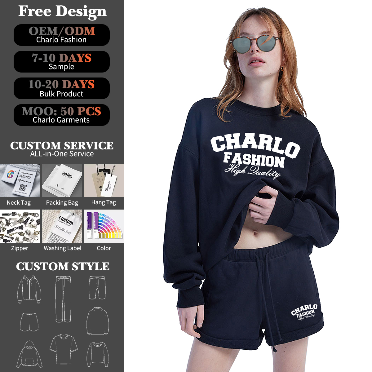 Navy Sweatshirt & Shorts Set | Casual Streetwear | Customizable Logo