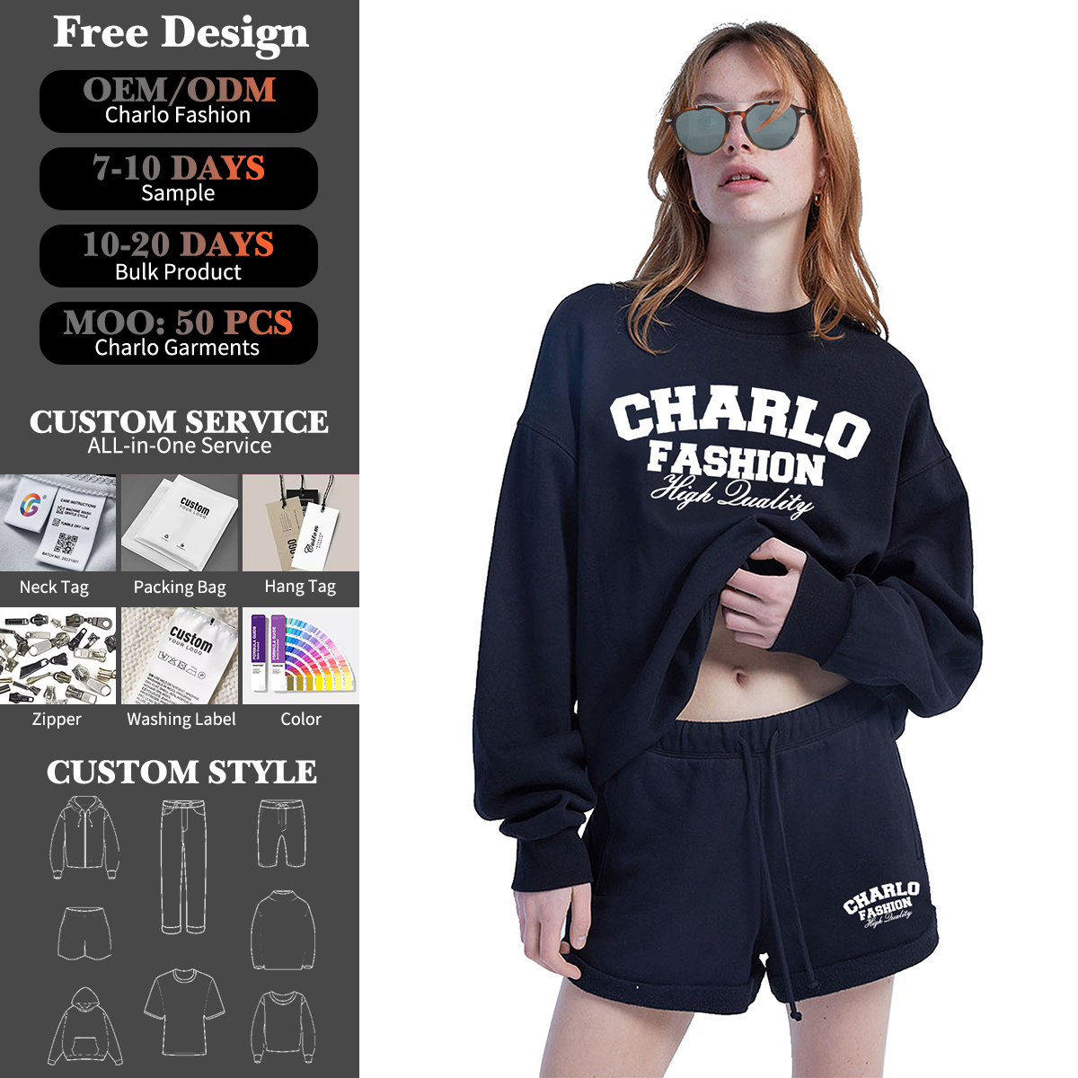Navy Sweatshirt & Shorts Set | Casual Streetwear | Customizable Logo