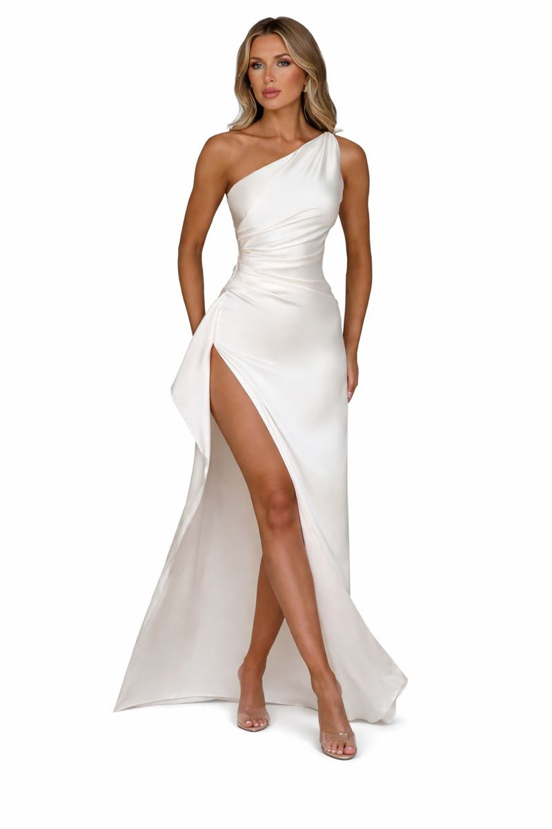 Εντυπωσιακό Φούξια Σατέν Φόρεμα με Έναν Ώμο & Ψηλό Σκίσιμο – Απόλυτο Βραδινό Look