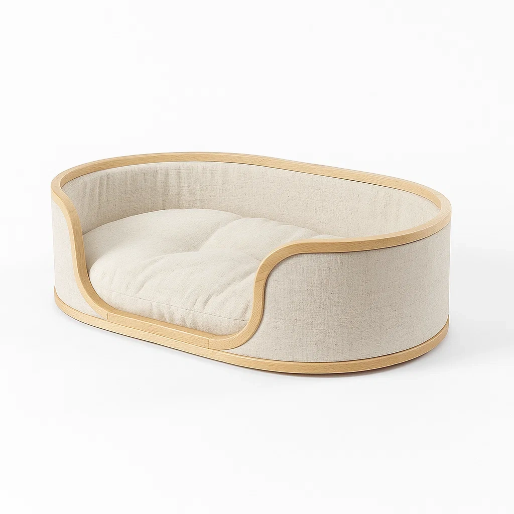 Panier pour chien en bois et lin beige