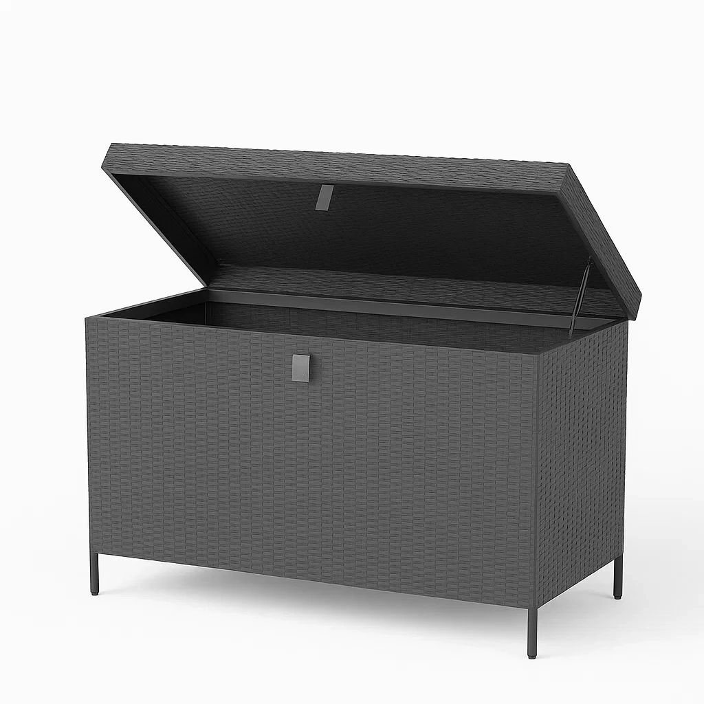 Coffre de rangement extérieur en résine tressée gris 120×50×60 cm