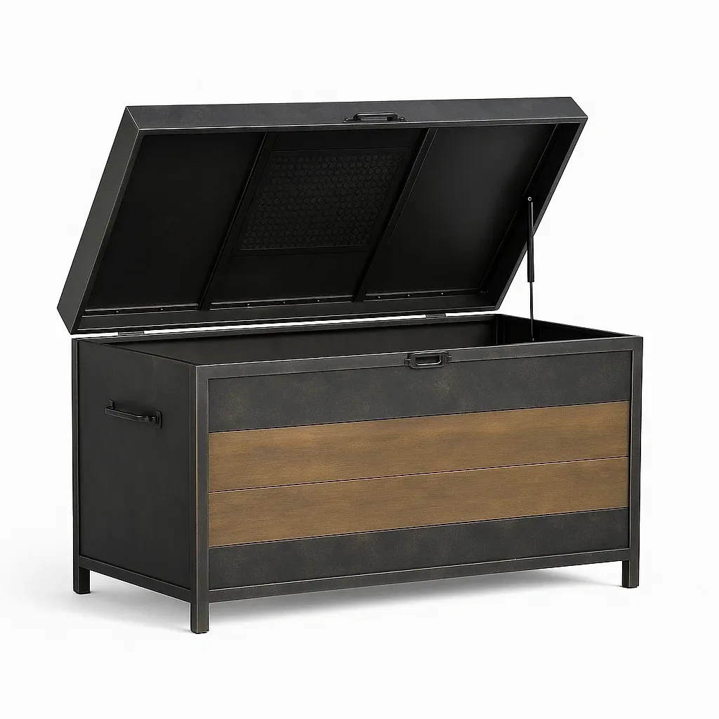 Coffre de rangement en métal et bois marron/noir