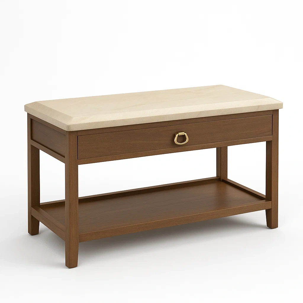 Banc de rangement en bois avec assise en pierre