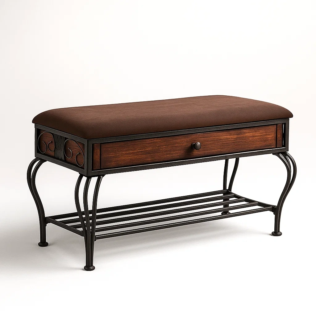 Banc de rangement en bois et métal avec étagère, tiroir et assise rembourrée marron