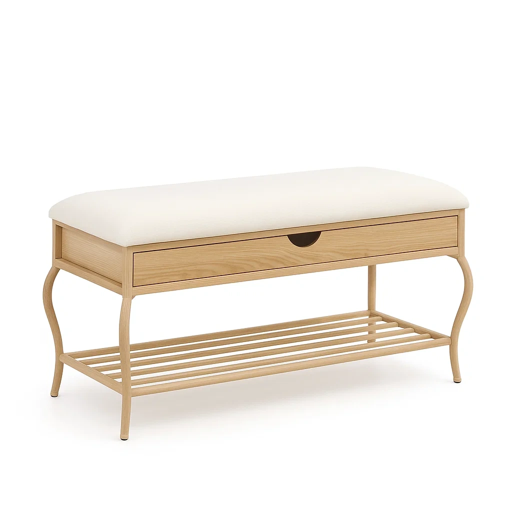 Banc de rangement en bois et métal avec coussin en tissu beige