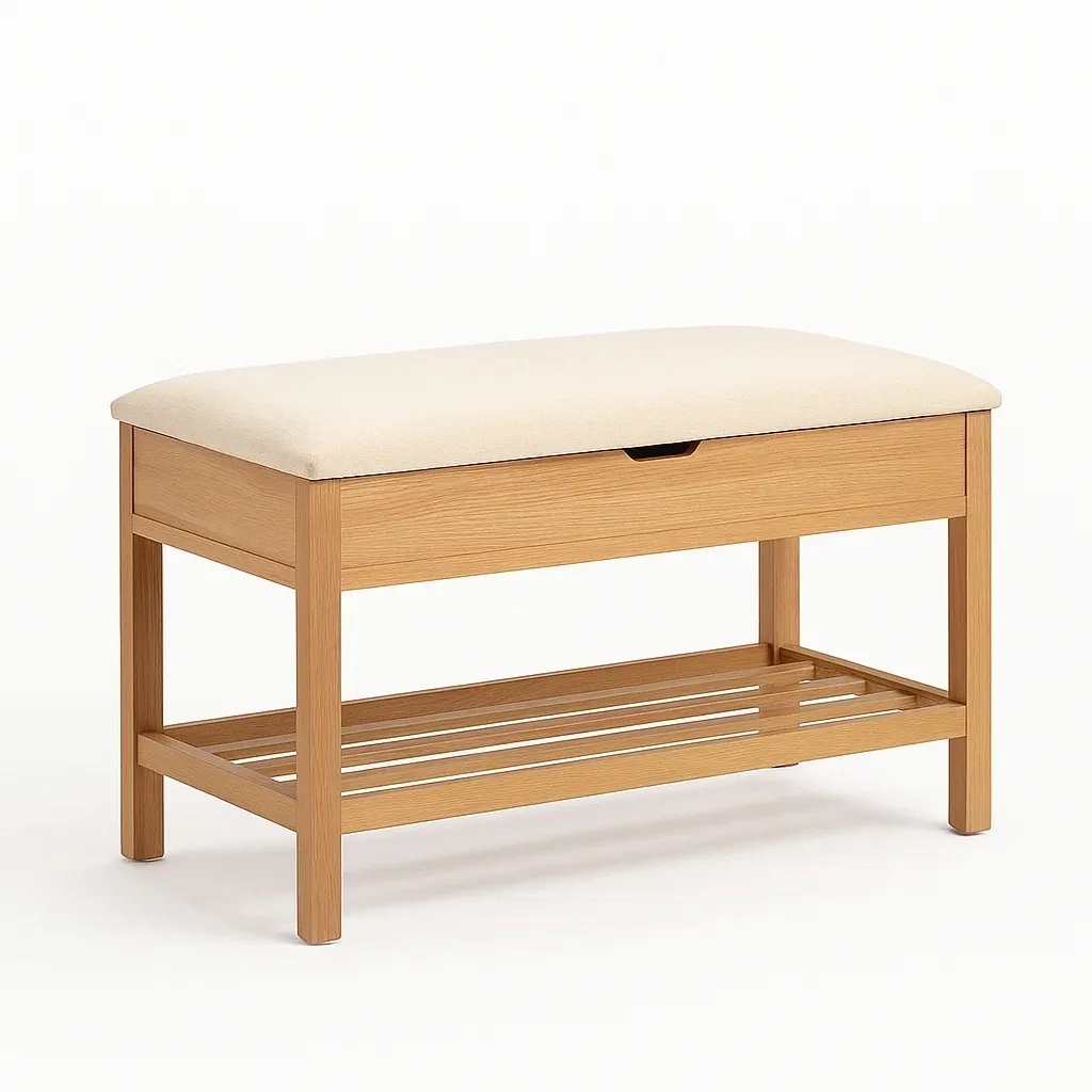 Banc de rangement en bois et tissu beige