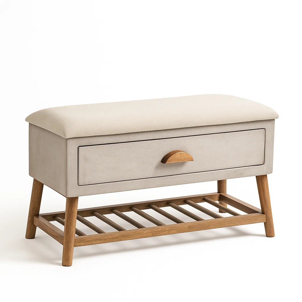 Banc de rangement en bois et tissu beige avec tiroir et étagère 100×40×55 cm