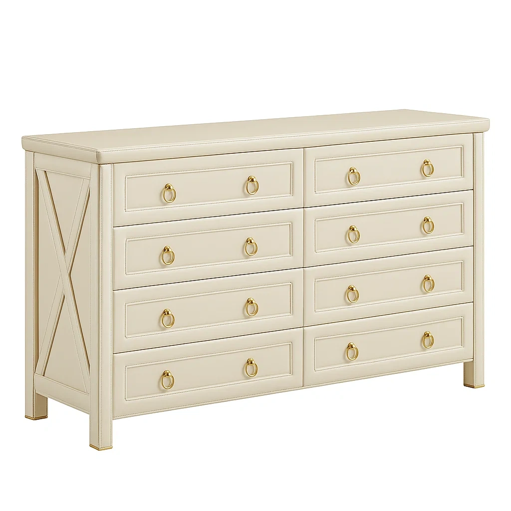 Commode à tiroirs 8 tiroirs en bois crème 120×40×80 cm