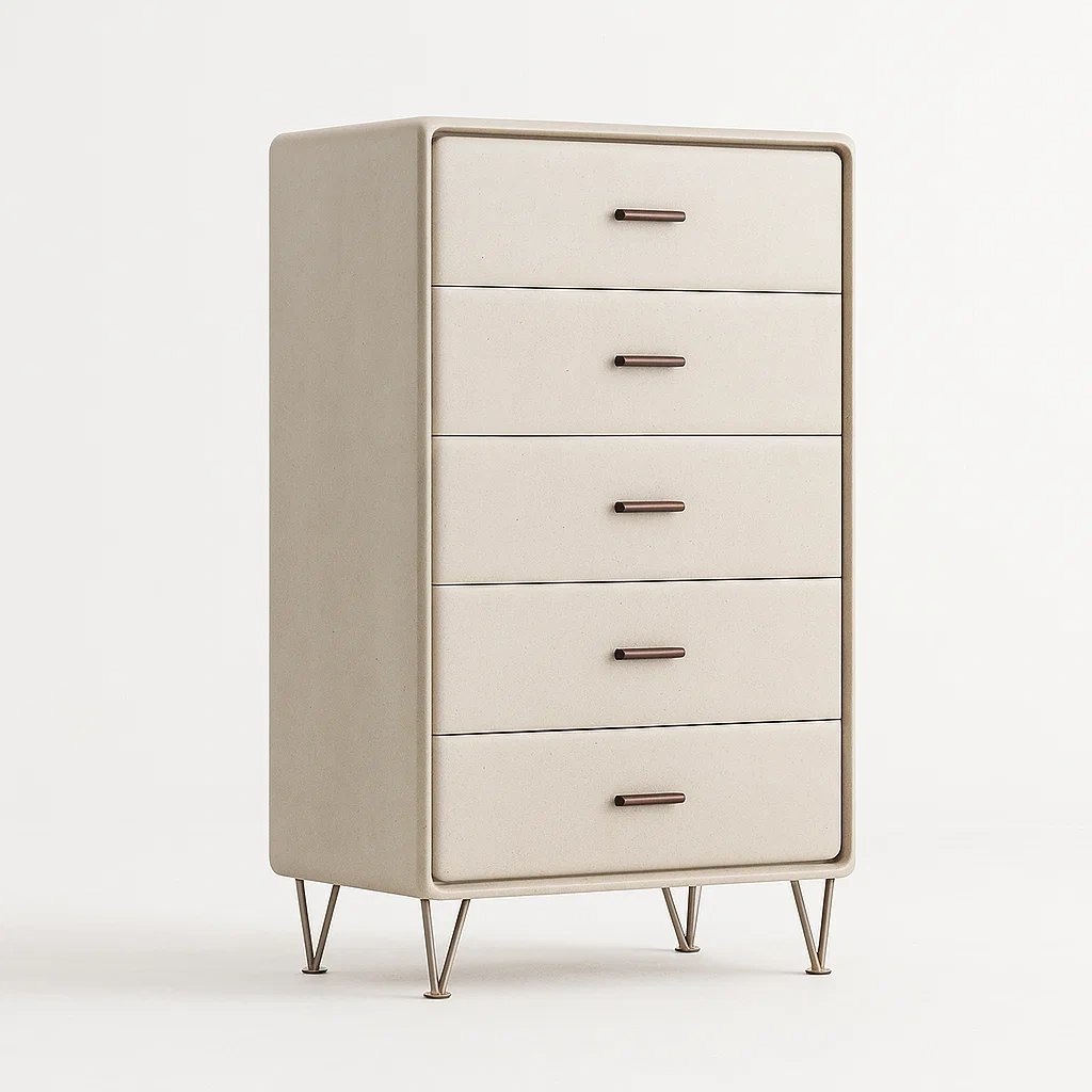 Commode à tiroirs 5 tiroirs en bois et métal beige