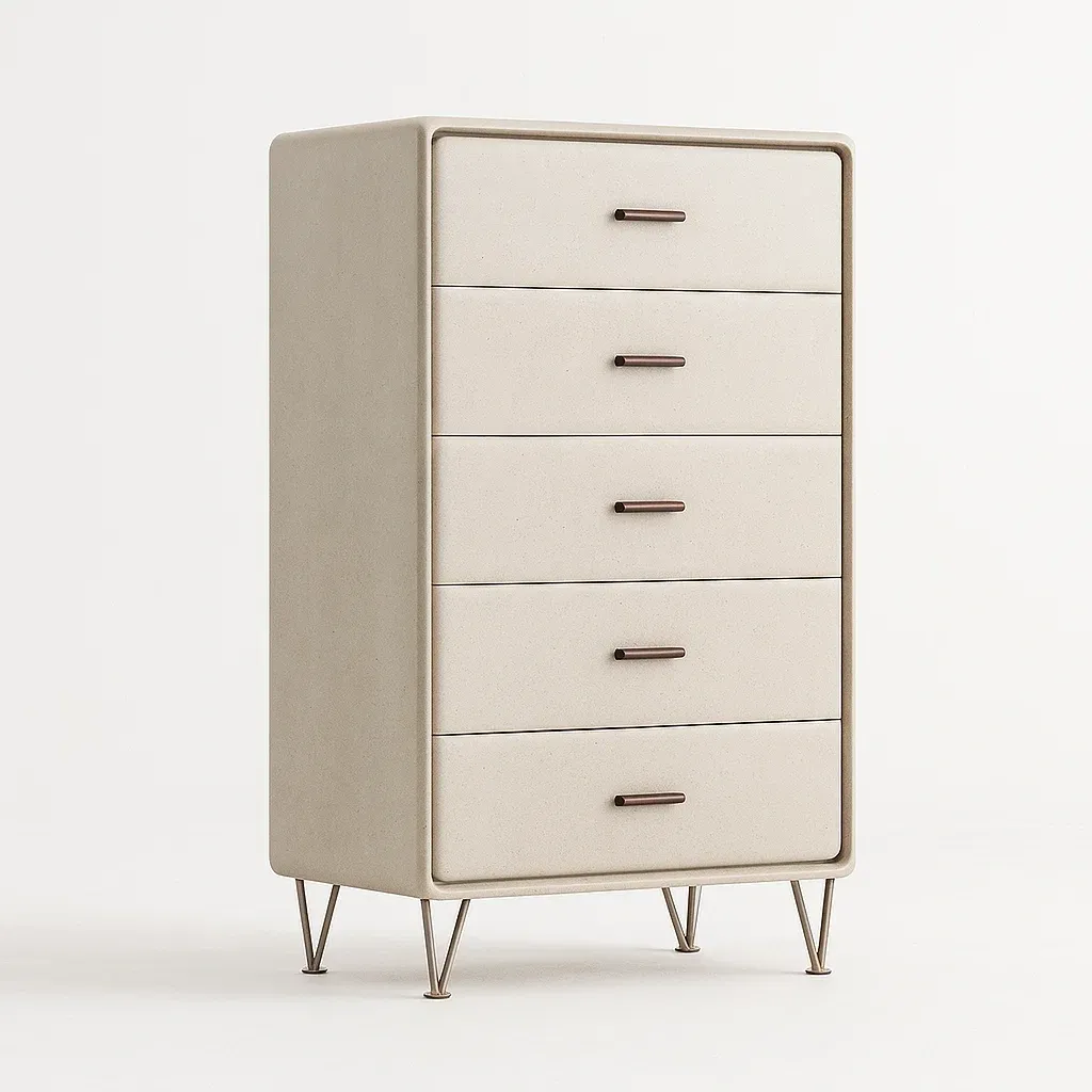 Commode à tiroirs 5 tiroirs en bois et métal beige