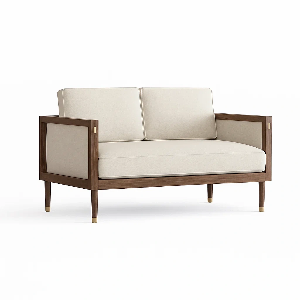 Canapé deux places en tissu beige avec structure en noyer